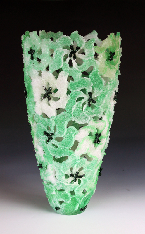 image of Gilding Lily Emerald  pate de verre vessel made by Sue Hawker